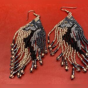 Women’s Earrings Blue White Seed Beads Fringe Dangle Pierced Hippie Boho 3.5"